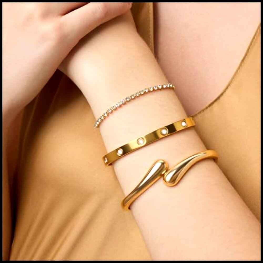 Gold-Plated Bracelet Set Stackable Adjustable Cuf… - image 5